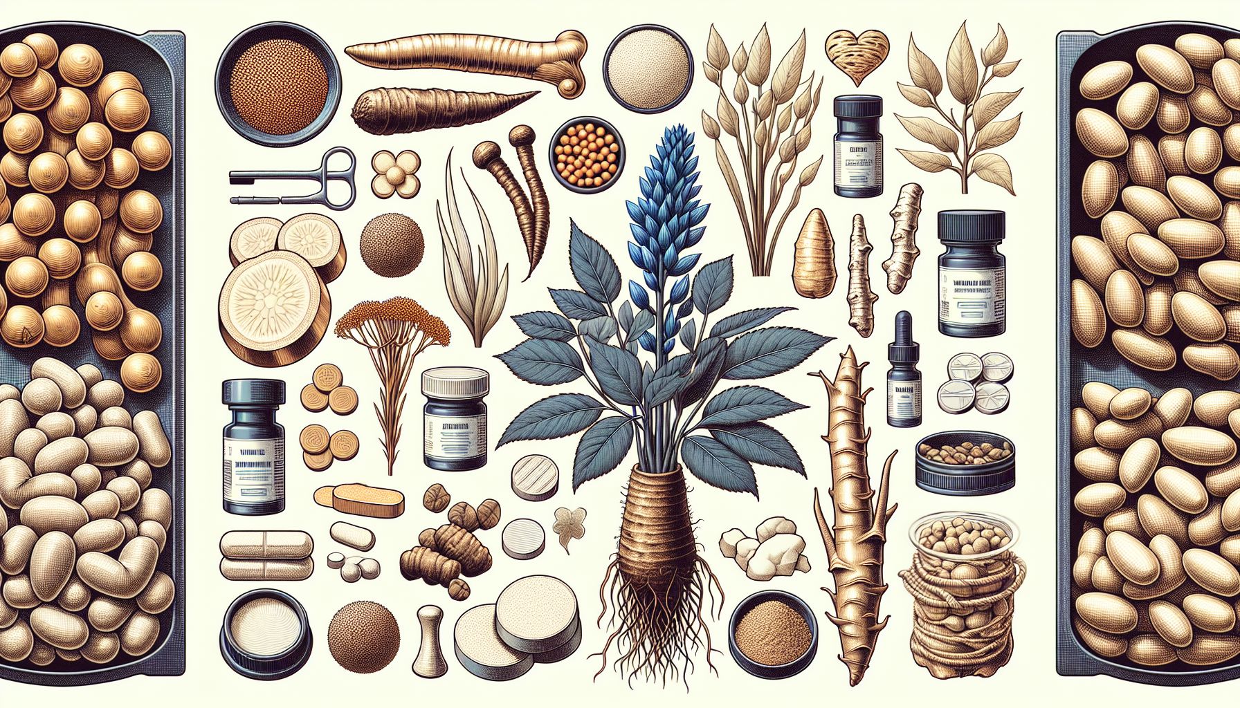 Assortment of Herbal Viagra Alternatives - Ginseng, Maca, Horny Goat Weed, and Tribulus Terrestris displayed on a wooden table